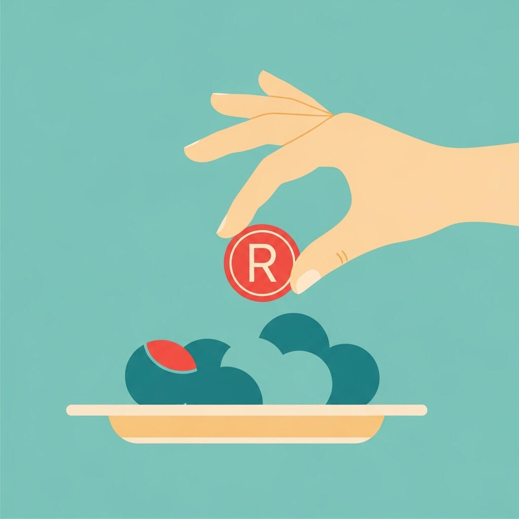 Hand placing a rand coin onto a plate of food